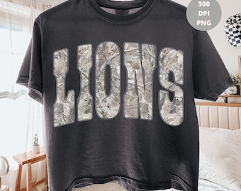 Lions Washed Camo PNG, Varsity Mascot Shirt Design, Distressed School Team PNG