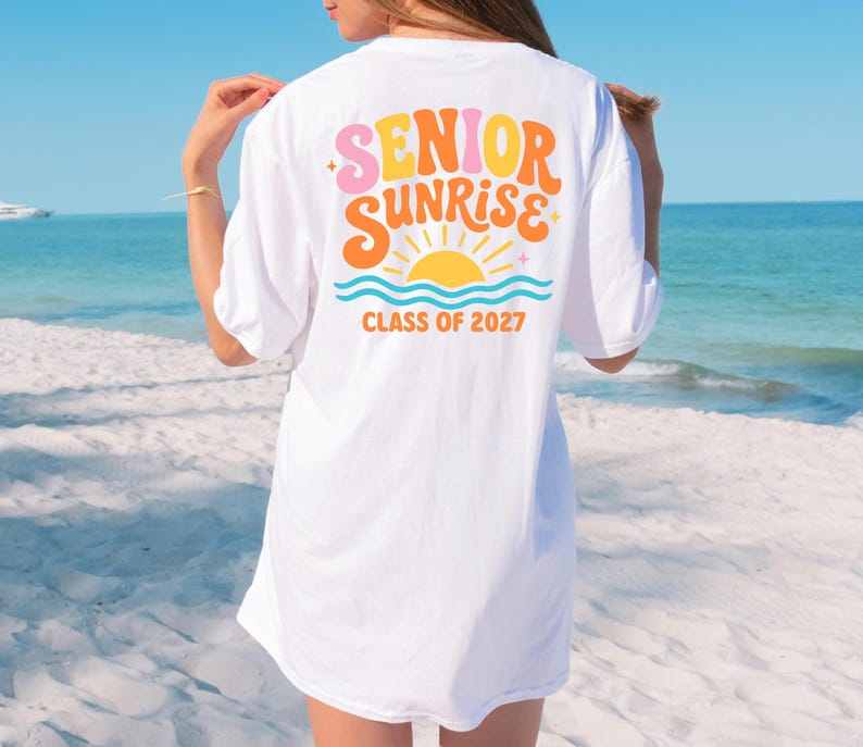 etro groovy senior sunrise 2027 PNG SVG digital download, bubbly pink orange yellow lettering with sun and teal waves, class of 2027 sublimation shirt design instant download