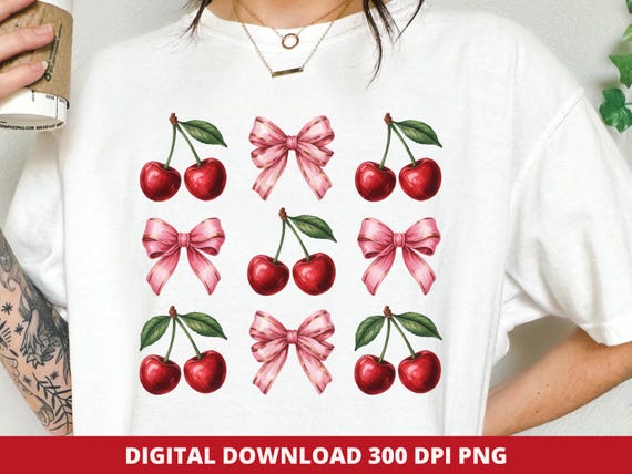 Coquette Cherry Bow PNG,  Cherry Grid Clipart for Sublimation and DTF, Pink Girly Bow T-Shirt Design Download, Trendy Coquette Aesthetic Png