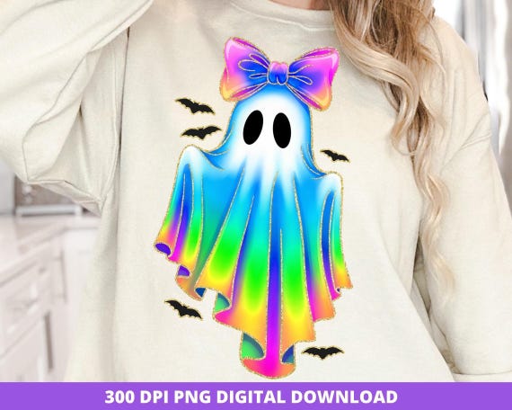 Neon Rainbow Glitter Ghost PNG, Spooky Season, Coquette Halloween (Digital Download)