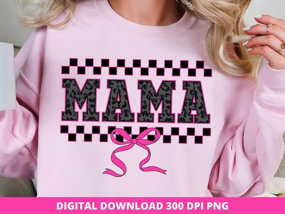 Pink Leopard Mama Bow PNG, Varsity Checkered Design (Digital Download)