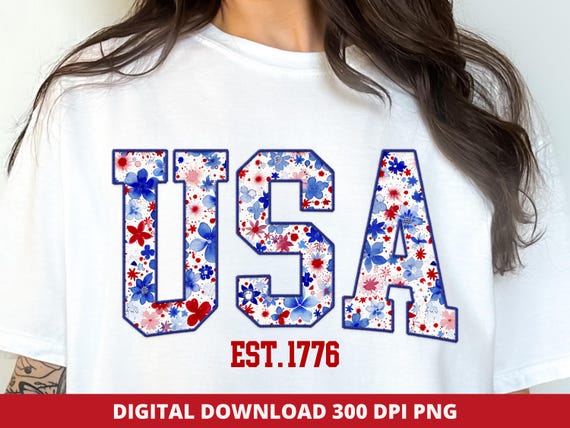 USA Floral Png, Trendy USA Patriotic Sublimation Design, Preppy America 4th of July Sublimation, Varsity Faux Embroidery American Girly Png