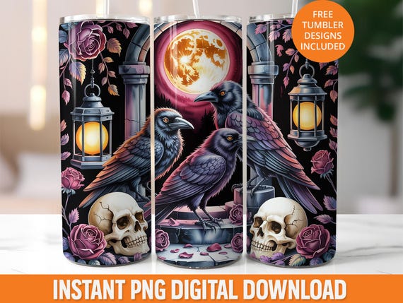 Gothic 20oz Tumbler Wrap Design, Raven and Skull Seamless Wrap PNG, Halloween Tumbler Sublimation, Dark Romance Digital Design for Tumblers