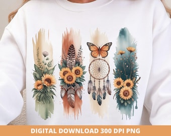 Boho Sunflower Dreamcatcher PNG, Wildflower Feathers Brushstroke, Sublimation, DTF