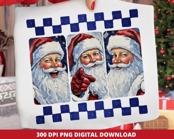 Retro Preppy Christmas Santa PNG, Trendy Checkerboard Brushstroke Clipart (Digital File Download)