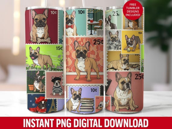 French Bulldog Stamp Collage Tumbler Wrap PNG: Dog Mom Gift (Digital Download)