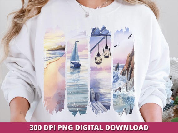 Coastal Sunset Beach PNG, Brushstroke Nautical Design (Digital Download)