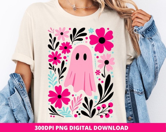 Pink Boho Floral Ghost Png, Cute Spooky Season Halloween Png, Retro Pink Ghost Clipart, Boho Fall Digital Download, Aesthetic Pink Ghost Png