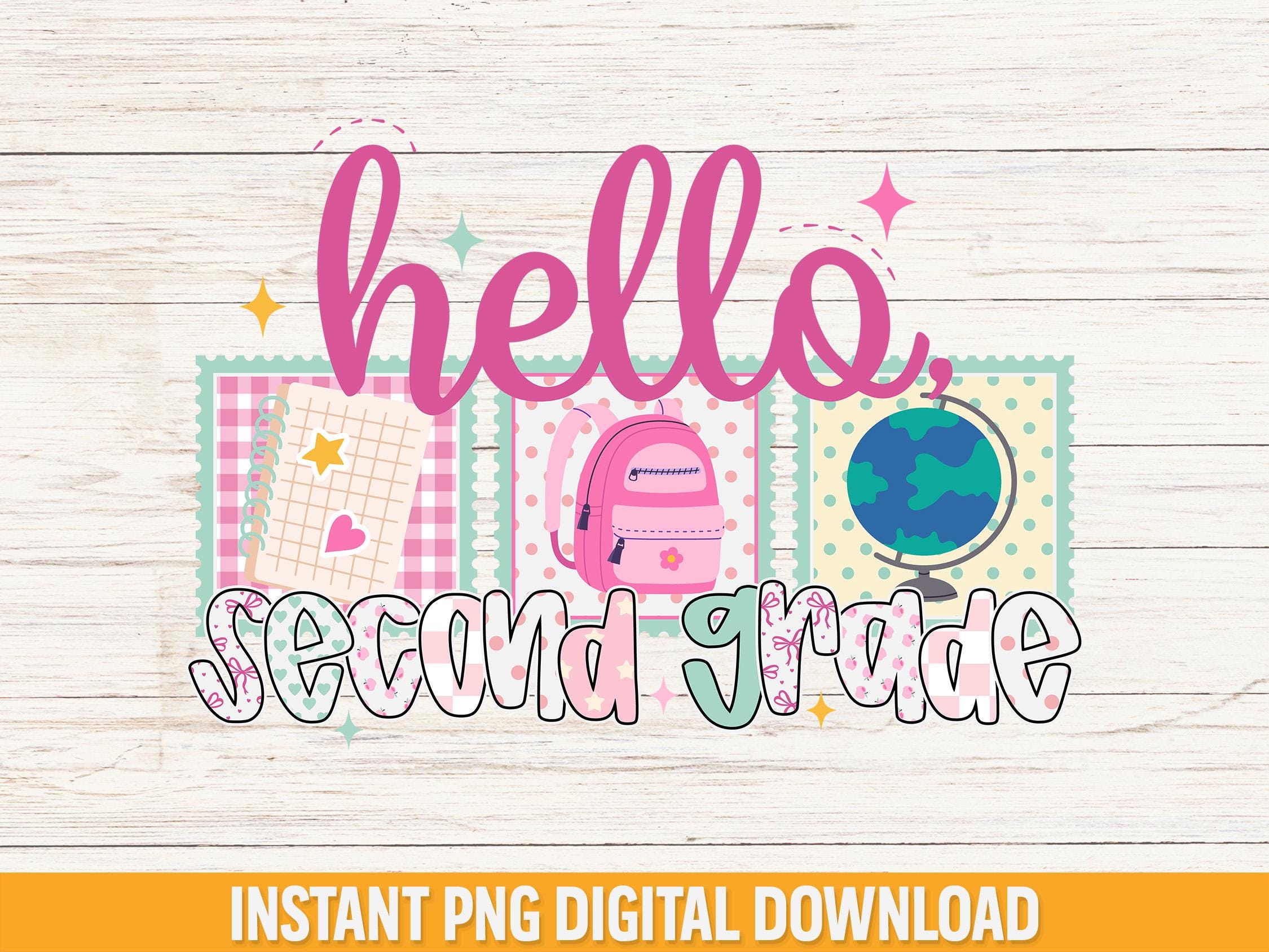 Preppy Hello Second Grade PNG, Preppy Back to School Shirt Design, Cute First Day of School PNG, Teacher Sublimation File, Instant Download