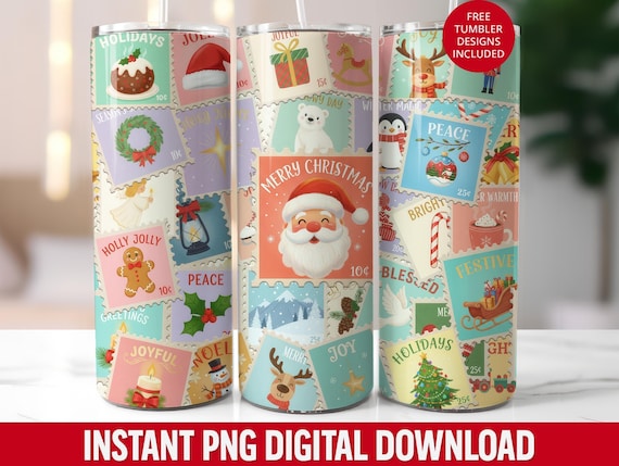 Retro Christmas Postage Stamp Tumbler Wrap PNG (Digital Download)