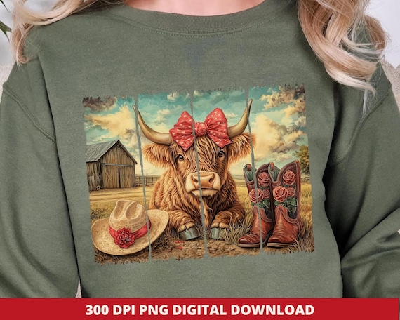 Retro Cowgirl Valentine PNG, Highland Cow Sublimation (Digital Download)
