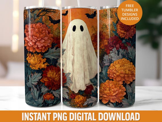 Vintage Floral Ghost 20 oz Tumbler Wrap, Spooky Halloween Ghost 20oz Skinny Tumbler Sublimation PNG, Fall Flowers Ghost Tumbler Wrap Design