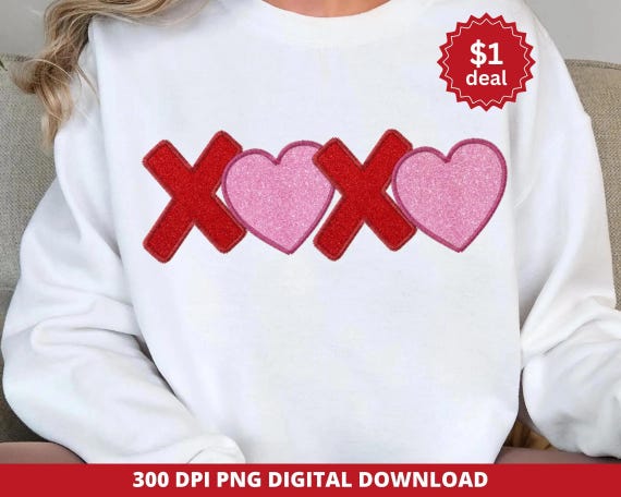 XOXO png, Pink Glitter XOXO Png, Valentine Embroidery Png, Embroidery XOXO Png, Valentine Sublimation Design, Valentine Glitter Hearts Png