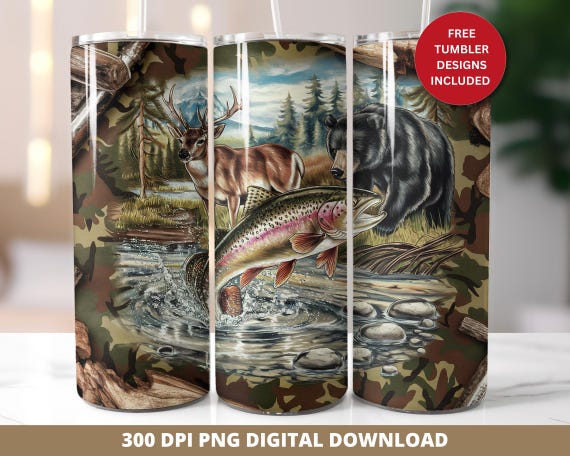 20oz Male Hunting Tumbler Wrap PNG, Men's Camo Deer Hunting Sublimation 20oz Wrap, Camo Design 20oz Skinny Tumbler Png, Seamless 20oz Wrap