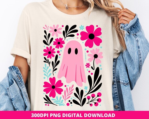 Pink Floral Ghost PNG, Boho Halloween Clipart (Digital Download)