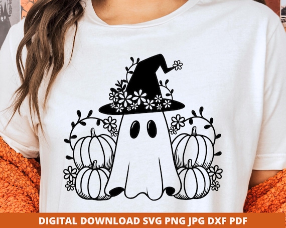 Spooky Ghost Halloween Svg, Fall Svg with Pumpkins and Leaves, Boho Flower Ghost Png, Adorable Ghost SVG, Ghouls and Floral Ghost Design