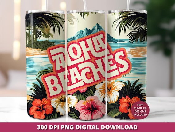 Aloha Beaches Tumbler Wrap, Tropical Floral Design (Digital Download)