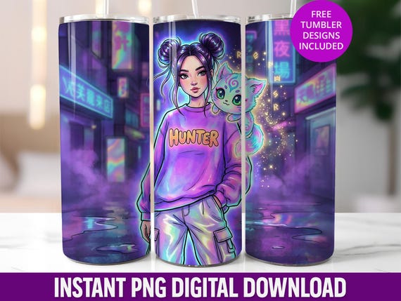 Anime K-Pop Hunter Tumbler Wrap, Neon Magical Girl PNG (Digital Download)