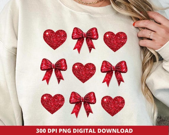 Glitter Valentine Heart and Bow Png, Coquette Sublimation (Digital Download)