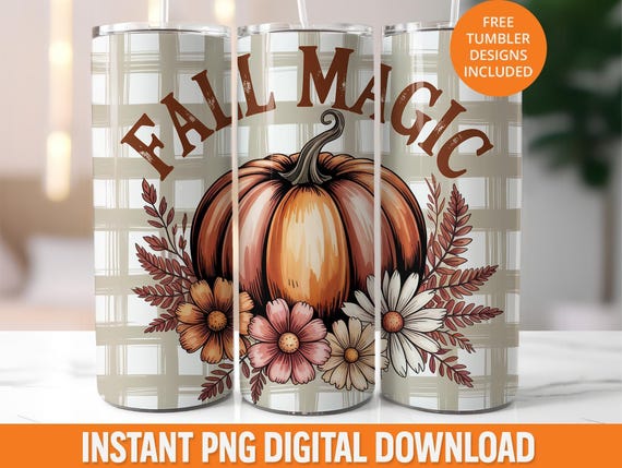 Fall Pumpkin Tumbler Wrap: Seamless Plaid, Floral Farmhouse (PNG Digital File)