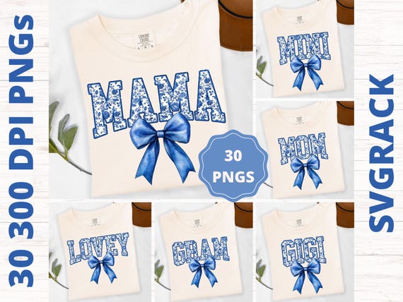 Blue Chinoiserie Mama PNG Bundle, Floral Toile Varsity Sublimation, Floral Glitter Bow Design for Mimi Gigi Nanny Granny Nana Yaya Mini