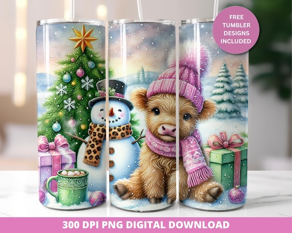 Christmas Highland Cow 20oz Tumbler Design, Pink Cow Sublimation (Digital Download)