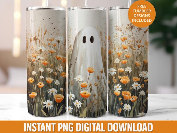 Boho Floral Ghost 20oz Tumbler Wrap Png, Rustic Wildflower Halloween Sublimation Design, Seamless Halloween 20 oz Tumbler Wrap Sublimation