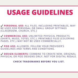 a list of terms and conditions for personal and commercial use of digital files, including guidelines for using individual elements, avoiding the sale or sharing of digital files, and checking and confirming trademarks.
