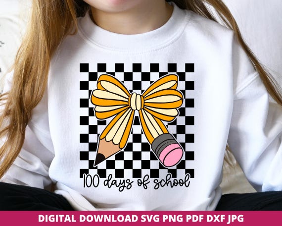 100 Days of School Checkerboard Svg, Coquette Pencil Bow Png, 100 Days Svg, Coquette 100th Day of School Sublimation, Teacher Cricut File