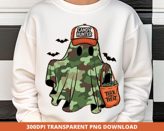 Green Camo Candy Hunter Ghost PNG, Boys Halloween Sublimation Design, Trendy Camo Candy Hunter Trick or Treat Bag Clipart Digital Download,