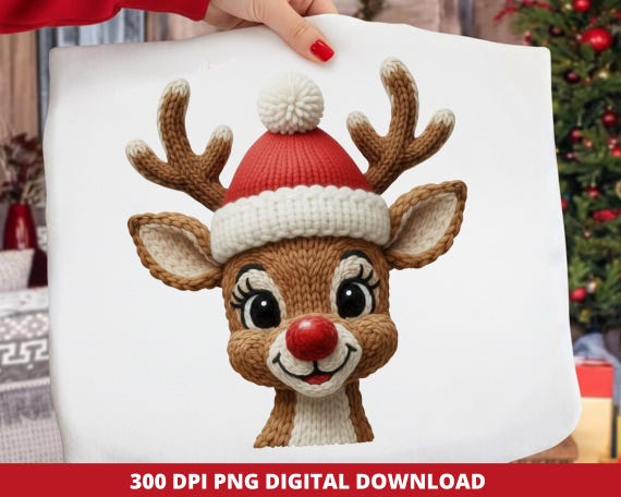 Christmas Reindeer Faux Crochet Png, Cute Rudolph Png, Cozy Christmas Sublimation Design, Knitted Holiday Reindeer Png, Digital Download