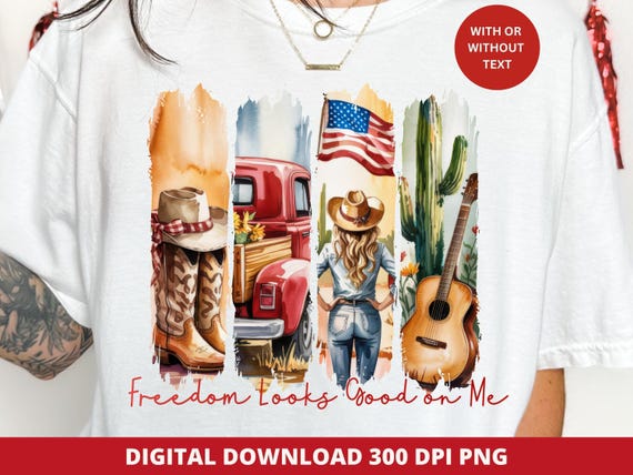 Western Cowgirl 4th of July PNG, Brushstroke Patriotic Design (Digital Download)