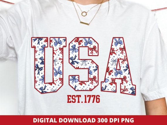 Coquette USA Png, Preppy America 4th of July Sublimation, Trendy USA Patriotic Bow Png, Varsity Faux Embroidery Png, USA American Girly Png