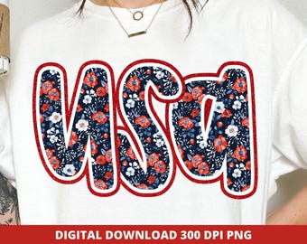 7月4日 PNG、独立記念日 花柄 USA PNG、7月4日、プレッピー 愛国的 昇華 DTF (デジタルダウンロード)
