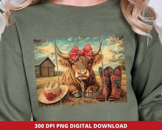 Brush Stroke Valentine Png, Highland Cow Valentine Png, Retro Cowgirl Sublimation Design, Valentine's Day Sublimation, Digital Download