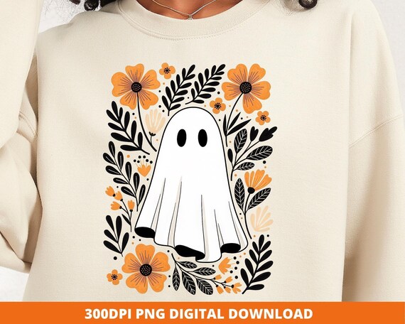 Boho Floral Ghost PNG, Retro Halloween Sublimation (Digital Download)