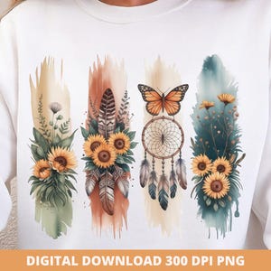 Boho Wildflowers Brushstroke PNG, Sunflower & Feathers Sublimation, Dreamcatcher Butterfly PNG, Boho Floral T-Shirt Print, Digital Boho PNG