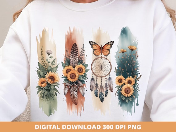 Boho Wildflowers Brushstroke PNG, Sunflower & Feathers Sublimation, Dreamcatcher Butterfly PNG, Boho Floral T-Shirt Print, Digital Boho PNG