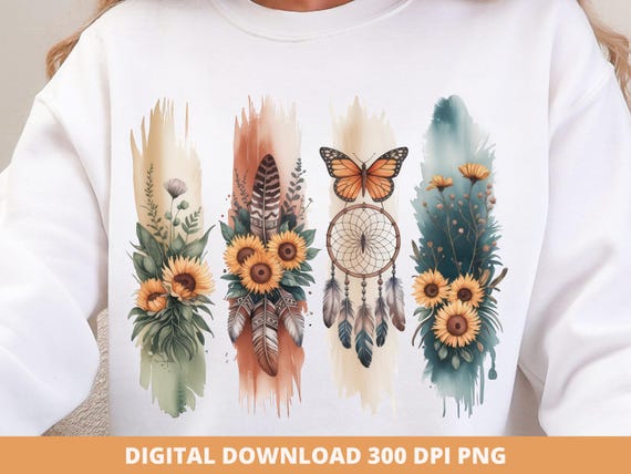 Boho Sunflower Dreamcatcher PNG, Wildflower Feathers Brushstroke (Digital Download)
