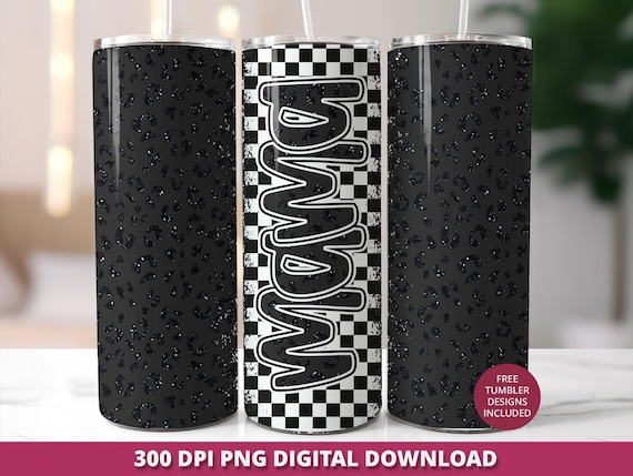 Leopard Glitter Mama 20oz Tumbler Wrap, Retro Checkered PNG (Digital Download)