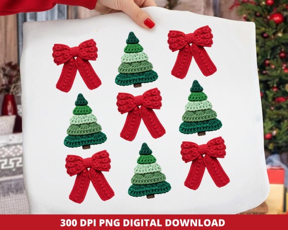 Crochet Christmas Tree PNG, Faux Yarn Red Bow Design, Latch Hook Crochet PNG, Cozy Holiday Shirt Sublimation File, Christmas Clipart