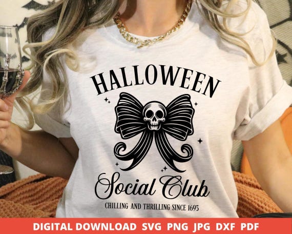 Halloween Social Club SVG PNG, Spooky Skull Bow (Digital Files)
