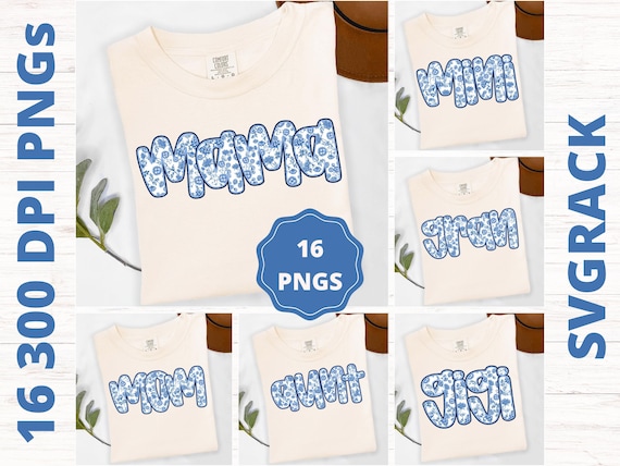 Blue Floral Mama Png Bundle, Retro Glitter Toile Flower Sublimation and DTF Design, Chinoiserie Mother's Day Design, Preppy Mama Png Bundle