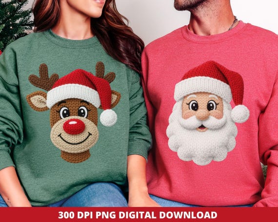 Christmas Santa & Rudolph Faux Crochet PNG: Holiday Sublimation (Digital Download)