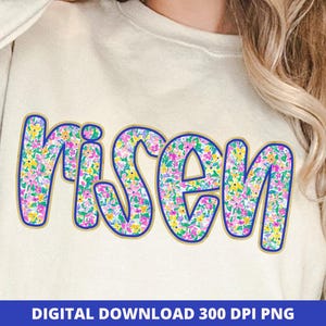 Floral Risen PNG Digital Design, Retro Christian Easter PNG, Floral Glitter Bible Verse, Jesus He Is Risen PNG, Spring Preppy Sublimation