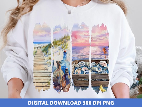 Coastal Brushstroke PNG, Beach Scene T-Shirt Design (Digital Download)