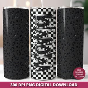 Leopard Glitter Mama 20oz Tumbler Wrap, Retro Checkered PNG (Digital Download)