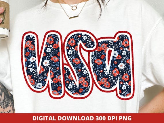 Floral USA PNG, 4th of July, Preppy Patriotic Sublimation (Digital Download)