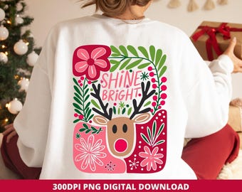 Boho Floral Christmas Reindeer PNG, Sublimation DTF Design