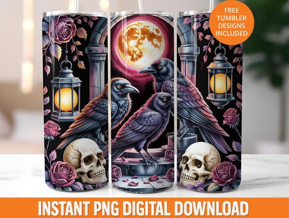 Gothic Raven Skull 20oz Tumbler Wrap, Halloween Seamless Design (PNG)